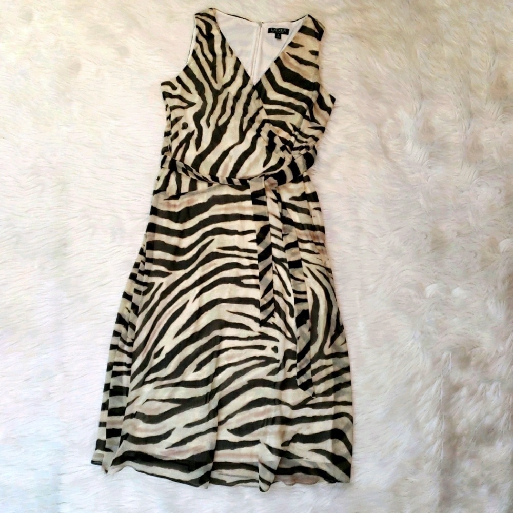 Lauren Ralph Lauren Dress Womens 10 Wrap Animal Print Brown LRL Midi V Neck Belt - Picture 5 of 12
